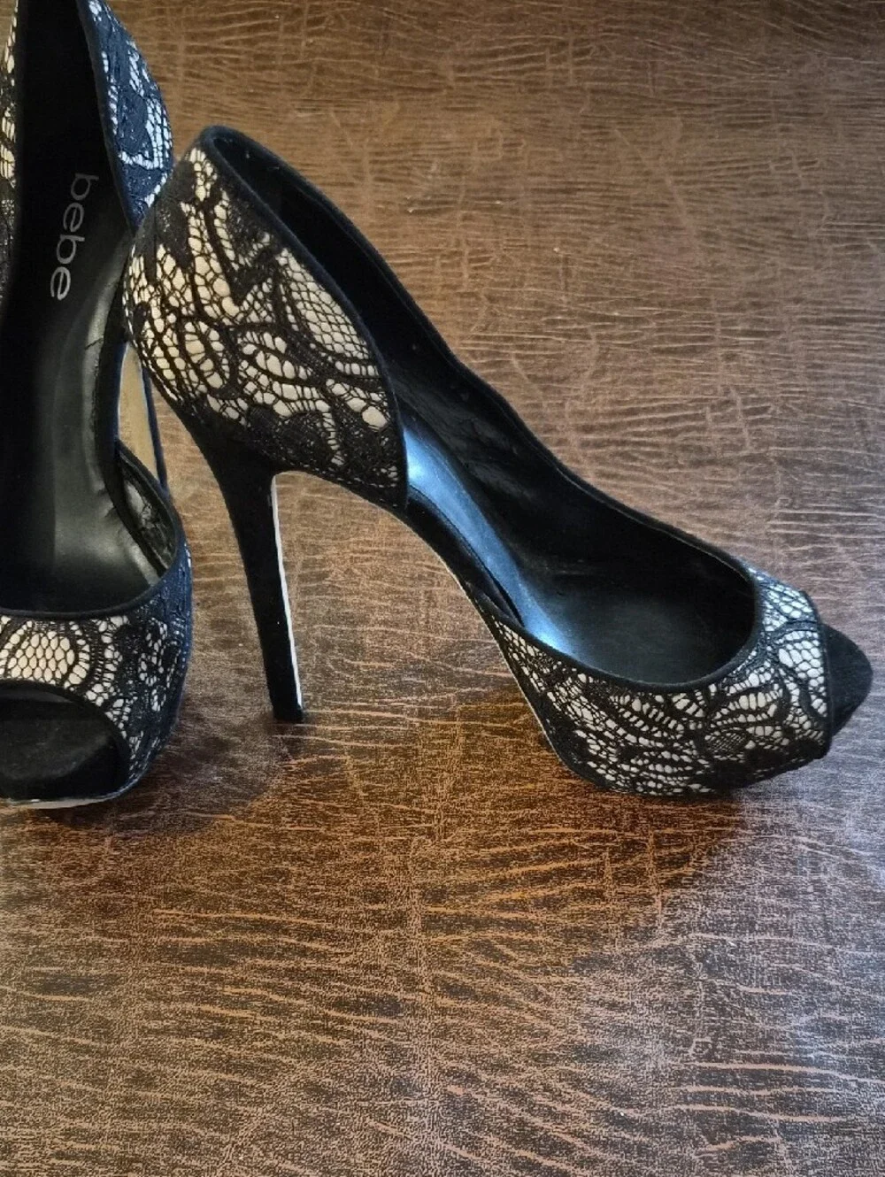 bebe Black and Cream Lace Peep-Toe Stilettos